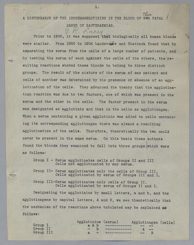 Dr. G. R. Lacey, "A Disturbance of the Isohemagglutinins in the Blood of Three Fatal Cases of Bacteraemias"
