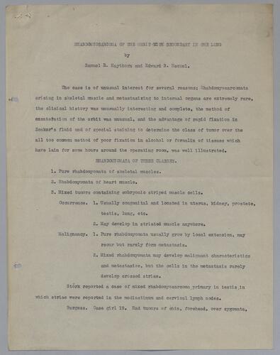 Dr. Samuel B. Haythorn and Dr. Edward B. Heckel, "Rhabdomyosarcoma of the Orbit with Secondary in the Lung"