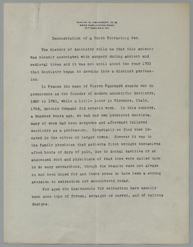 Dr. David R. Kennedy, "Demonstration of a Tooth Extracting Key"