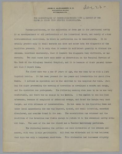 Dr. John Alexander, "The Significance of Pneumo-Peritoneum with a Report of Two Cases in Which This Symptom Predominated"