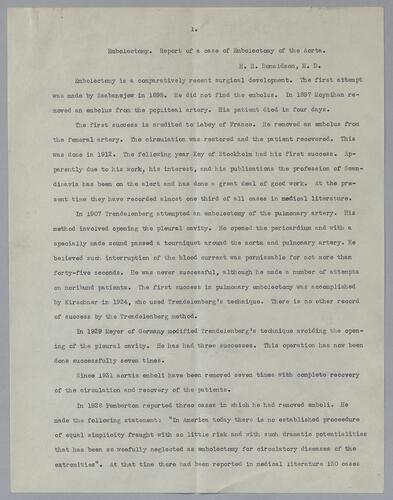 Dr. Holland H. Donaldson, "Report of a Case of Embolectomy ofthe Aorta"