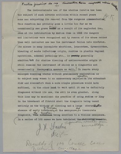 Dr. J. N. Stanton, "Results of 100 [illegible] Cases of Uterine Curettage"