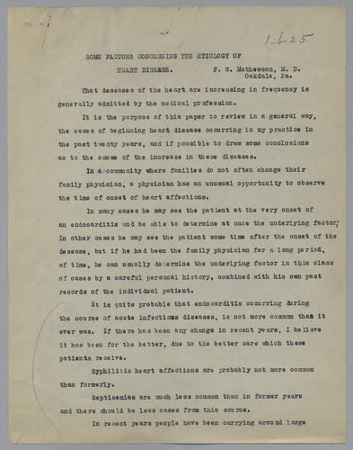 Dr. F. W. Mathewson, "Some Factors Concerning the Etiology of Heart Disease"