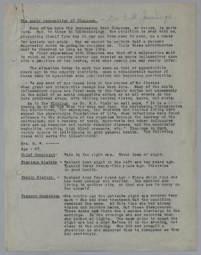 Dr. C. W. Jennings, "The Early Recognition of Glaucoma"