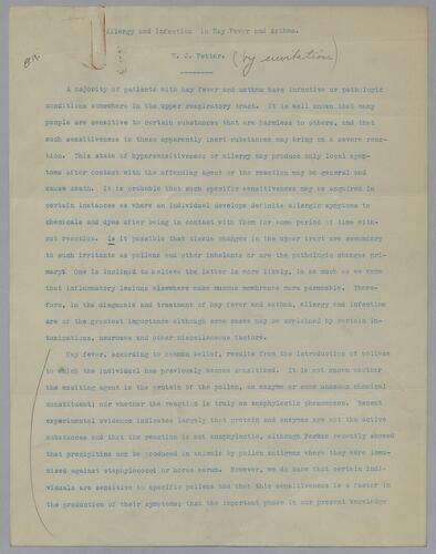 Dr. W. J. Fetter, "Allergy and Infection in Hay Fever and Asthma"