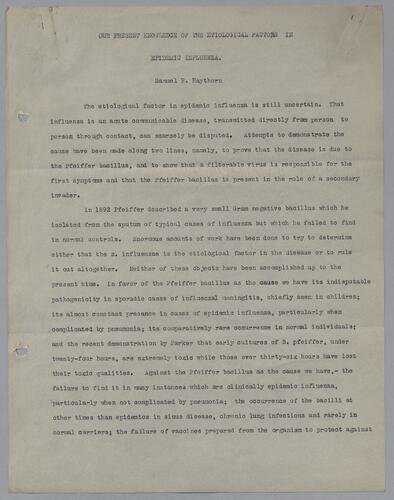 Dr. Samuel R. Haythorn, "Our Present Knowledge of the Etiological Factors in Epidemic Influenza"