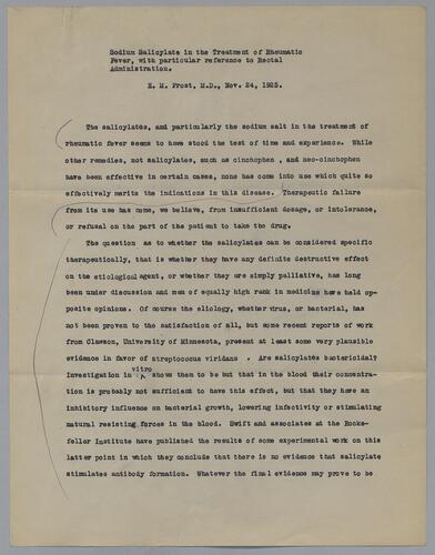 Dr. S. M. Frost, "Sodium Salicylate in the Treatment of Rheumatic Fever, with Patricular Reference to Rectal Administration"