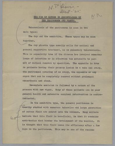 Dr. Nelson P. Davis, "The Use of Oxygen in Tuberculosis of The Peritoneum and Pleura"