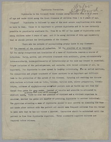 Dr. D. H. Boyd, "Diptheria Prevention"