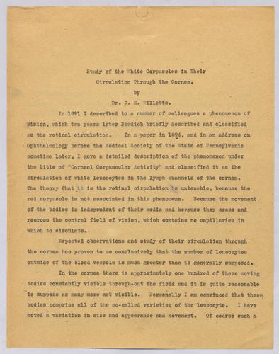 Dr. J. E. Willetts, "Study of the White Corpuscles in Their Circulation Through the Cornea,"