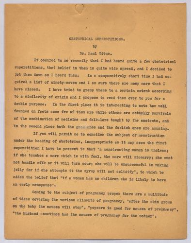 Dr. Paul Titus, "Obstetrical Superstitions,"