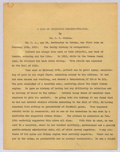 Dr. L. C. Bixler, "A Case of Syphilitic Meningo-myelitis,"
