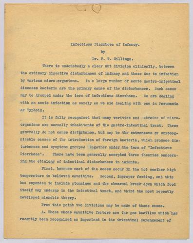 Dr. P. T. Billings, "Infectious Diarrhoea of Infancy,"