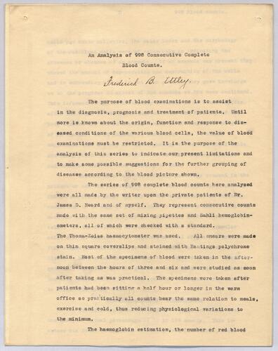 Dr. Frederich B. Utley, "An Analysis of 998 Consecutive Complete Blood Counts"