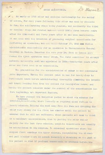 Dr. Maxwell, "Ether Anaesthesia"