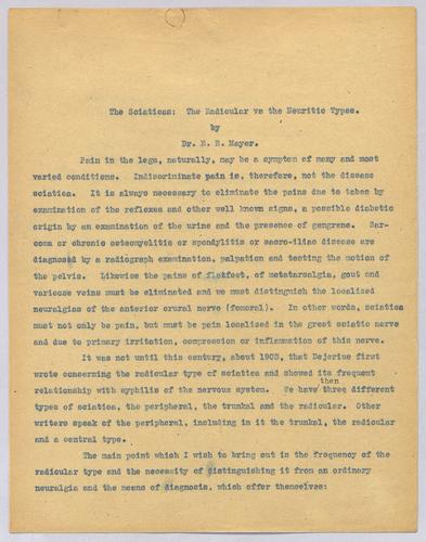 Dr. E. E. Mayer, "The Sciaticas: The Endicular vs. the Neuritic Types,"