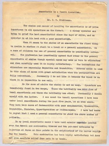 Dr. B. M. Dickinson, "Anaesthetic in a Tonsil Opertaion,"