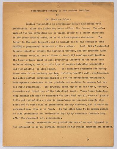 Dr. Theodore Baker, "Conservative Surgery of the Seminal Vesicles,"