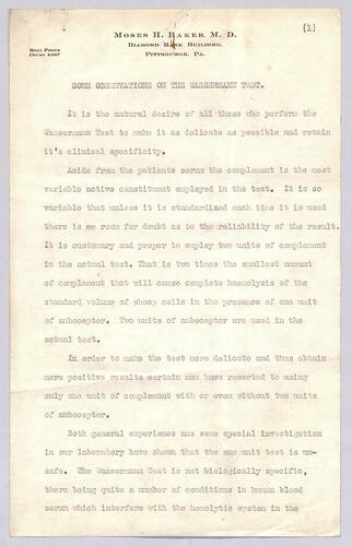 Dr. Moses Have Baker, "Some Observations on the Wassermann Test"