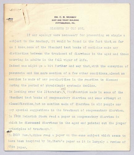 Dr. C. B. McAboy, "Diarrhea in Old Age"