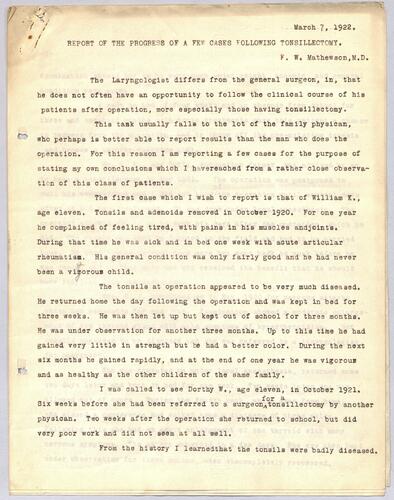 Dr. F. W. Mathewson, "Report of the Progress of a Few Cases Following Tonsillectomy"