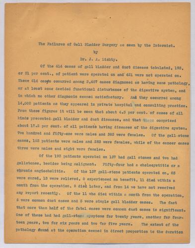 Dr. J. A. Luchty, "The Failure of Gall Bladder Surgery as seen by the Internist,"