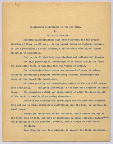 Dr. C. B. Edwards, "Spontaneous Hemorrages in the New Born,"