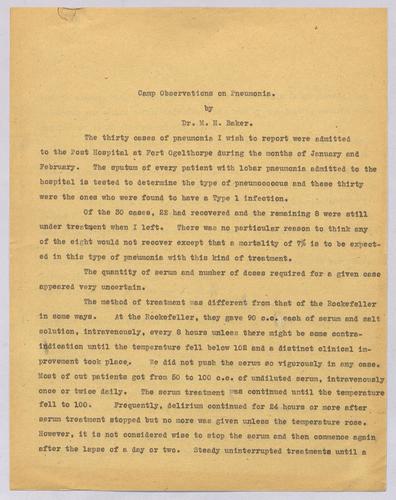 Dr. M. H. Baker, "Camp Observations on Pneumonia,"