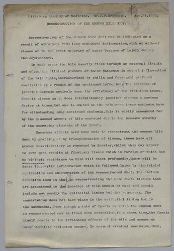 Dr. J. P. Griffith, "Reconstruction of the Common Bile Duct"