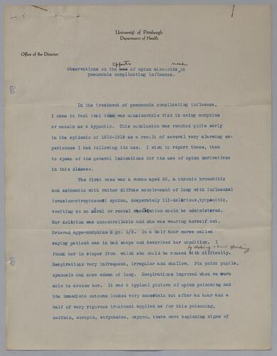 Dr. E. M. Frost, "Observations on the Effects of Opium Alkoloids Used in Pneumonia Complicating Influenza"