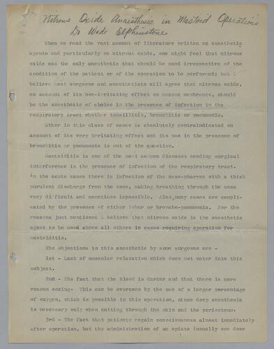 Dr. Wade Elphinstone, "Nitrous Oxide Anaesthesia in Mastoid Operations"