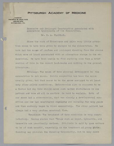 Dr. S. A. Chalfant, "Excessive and Prolonged Menstruation Associated with Admomactus Hyperplasia of the Endometrium" (two copies)