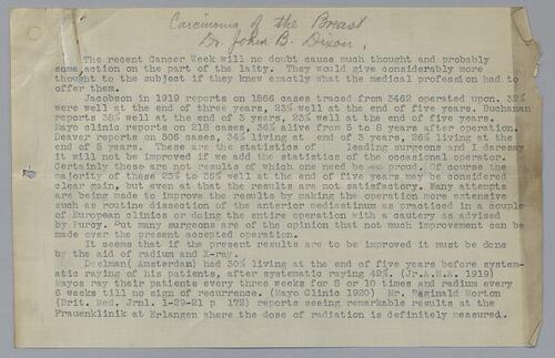 Dr. John B. Dixon, "Carcinoma of the Breast"