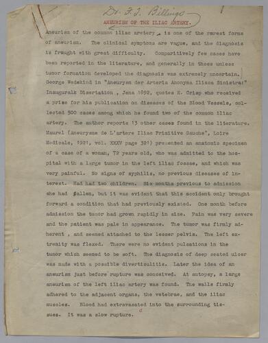 Dr. J. J. Billings, "Aneurism of the Iliac Artery"
