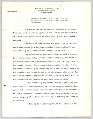 Dr. Ernest W. Willetts, "Treatment of Syphilis with Inveolvement of Central Nervous System, Spinal Fluid Examinations"