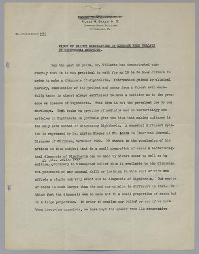 Dr. Moses H. Baker, "Value of Direct Examination of Exudate from Throats of Diphtheria Suspects"