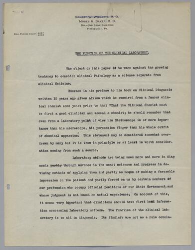 Dr. Moses H. Baker, "The Function of the Clinical Laboratory"