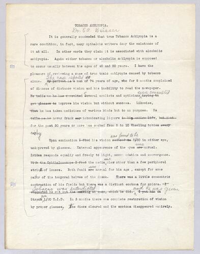 Dr. E. A. Weisser, "Tobacco Amblyopia"