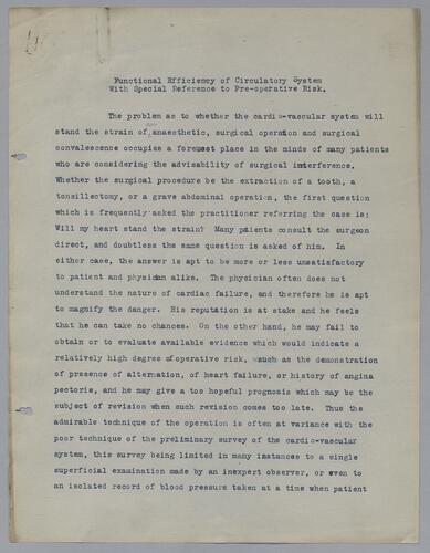 "Functional Efficiency of Circulatory System with Special Reference to Pre-operative Risk"