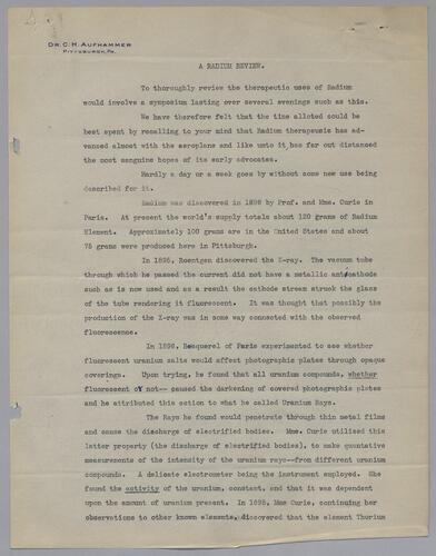 Dr. C. H. Aufhammer, "A Radium Review"