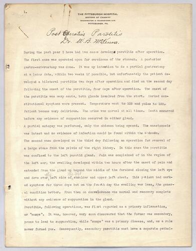 Dr. W. B. McKenna, "Post-Operative Parotitis"