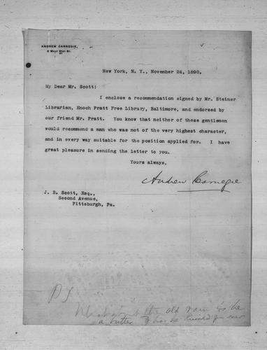 Andrew Carnegie to James B. Scott, Esq., November 24, 1890