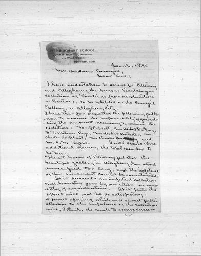 John W. Beatty to Andrew Carnegie, December 18, 1890