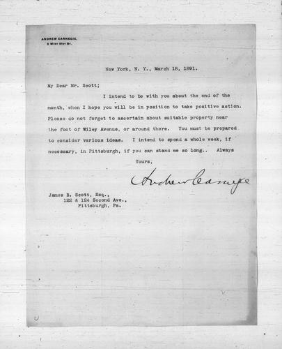 Andrew Carnegie to James B. Scott, Esq., March 18, 1891