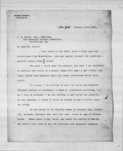 Andrew Carnegie to James B. Scott, Esq., January 25, 1892