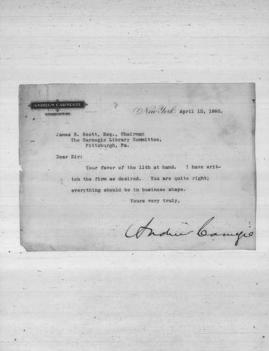 Andrew Carnegie to James B. Scott, Esq., April 12, 1892
