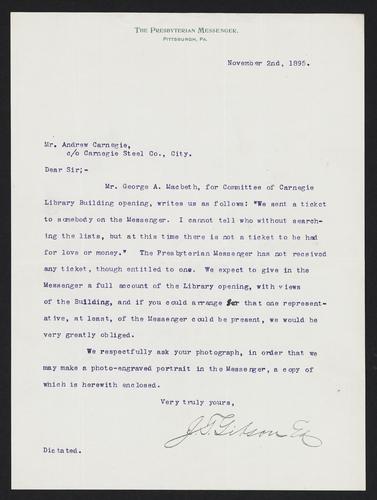 Letter to Andrew Carnegie from J.S. Gibson, November 2, 1895