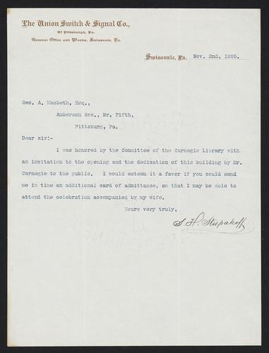 Letter to Mr. Geo. A. Macbeth from S.H. Stupakoff, November 2, 1895