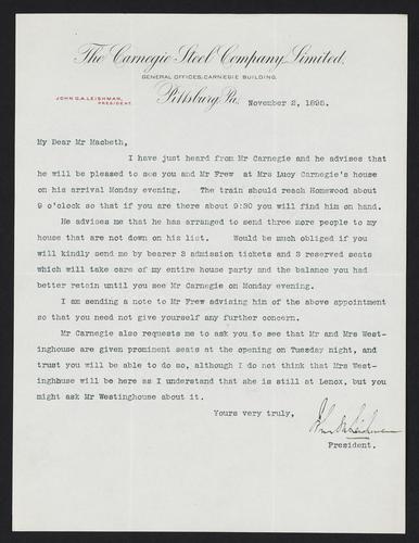 Letter to Mr. Macbeth from John G.A. Leishman, November 2, 1895