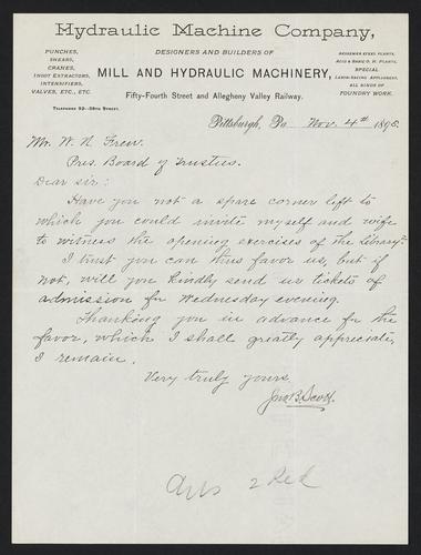 Letter to Mr. W.N. Frew from James B. Scott, November 4, 1895